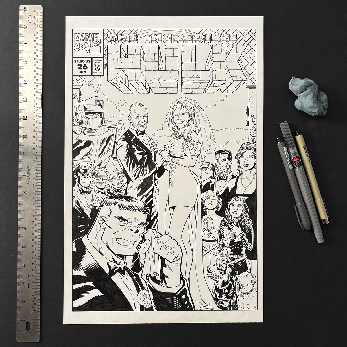 Personalized comic book cover artwork featuring a wedding couple in a custom comic commission