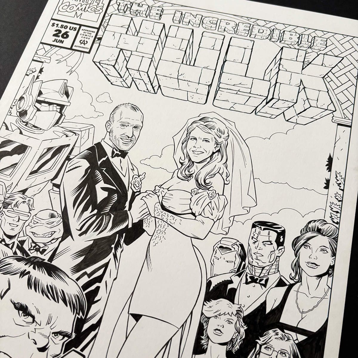 Detail from a custom wedding comic book cover commission with hidden 1980s pop culture references