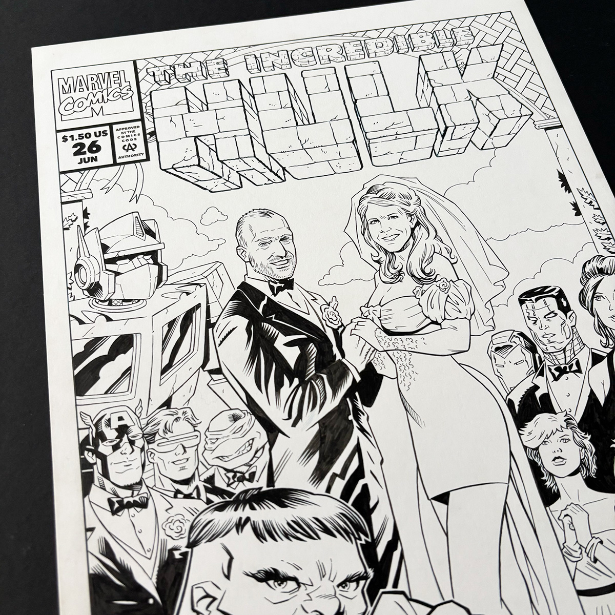 Custom comic book wedding gift inspired by Hulk #418 featuring the bride and groom as comic book characters